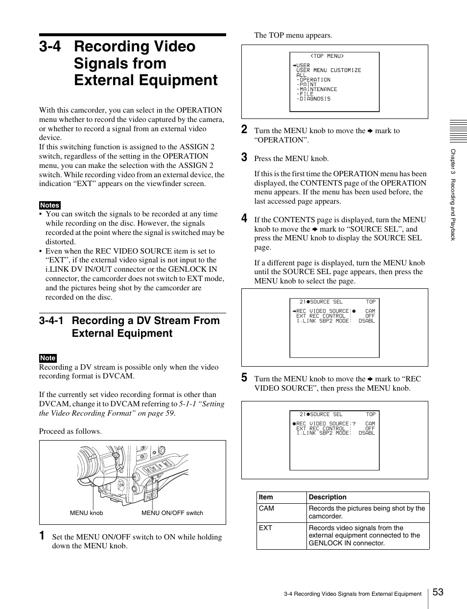 4 recording video signals from external equipment, 4-1 recording a dv stream from external equipment, 4 recording video signals from external | Equipment | Sony Ericsson PDW-530P User Manual | Page 53 / 168