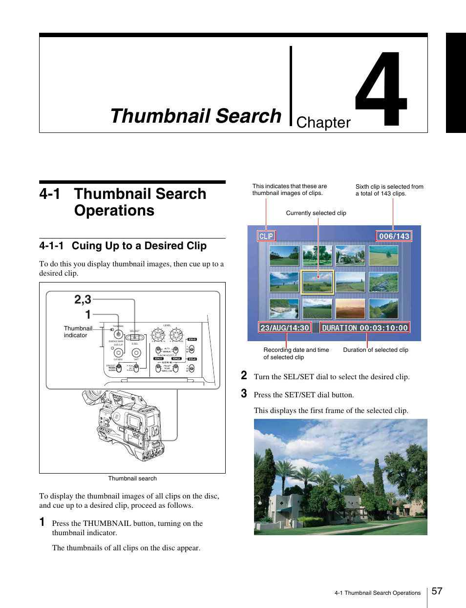 Chapter 4 thumbnail search, 1 thumbnail search operations, 1-1 cuing up to a desired clip | Thumbnail search, Chapter | Sony Ericsson PDW-530P User Manual | Page 57 / 168