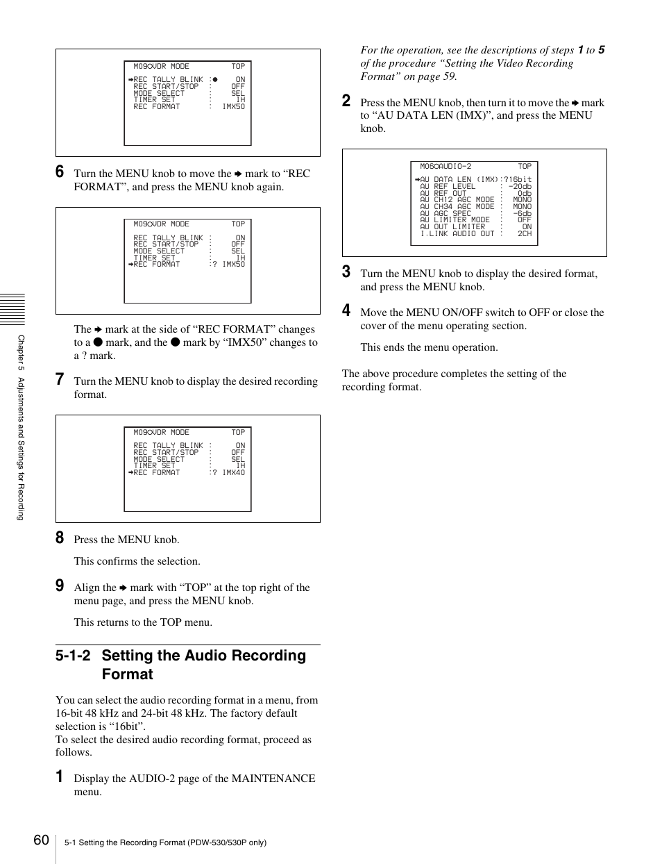 1-2 setting the audio recording format, 1-2 setting the audio recording format60 | Sony Ericsson PDW-530P User Manual | Page 60 / 168