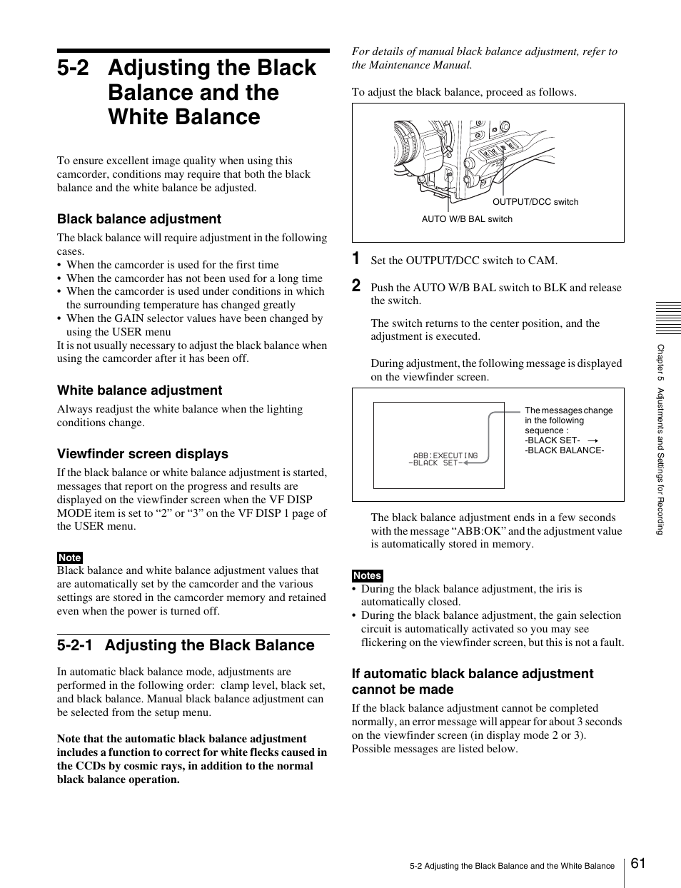 2-1 adjusting the black balance, 2 adjusting the black balance and the, White balance 5-2-1 adjusting the black balance | Sony Ericsson PDW-530P User Manual | Page 61 / 168