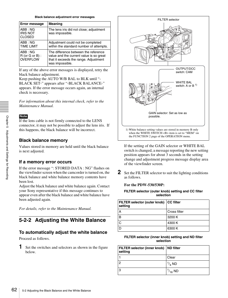 2-2 adjusting the white balance | Sony Ericsson PDW-530P User Manual | Page 62 / 168