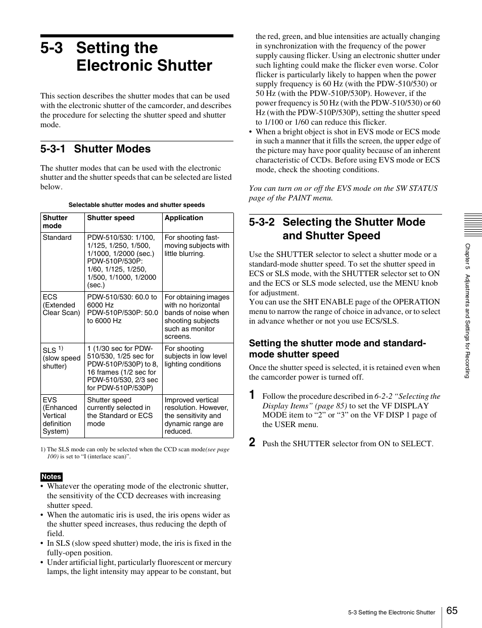 3 setting the electronic shutter, 3-1 shutter modes, 3-2 selecting the shutter mode and shutter speed | Speed | Sony Ericsson PDW-530P User Manual | Page 65 / 168