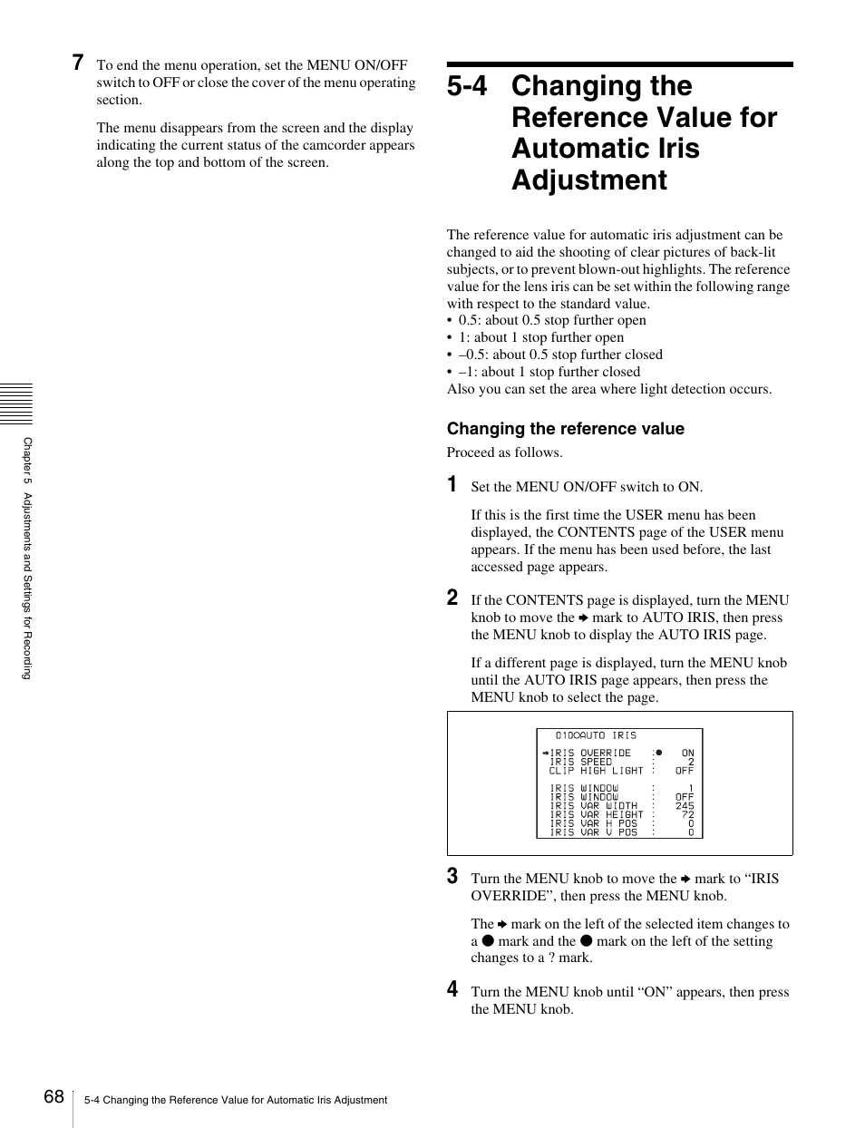 4 changing the reference value for, Automatic iris adjustment | Sony Ericsson PDW-530P User Manual | Page 68 / 168