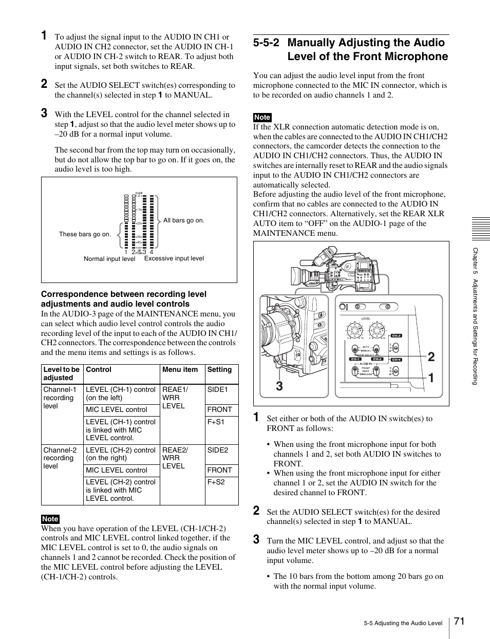 5-2 manually adjusting the audio level of, The front microphone | Sony Ericsson PDW-530P User Manual | Page 71 / 168