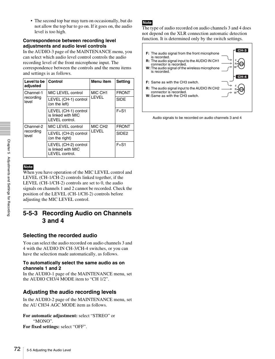 5-3 recording audio on channels 3 and 4, Selecting the recorded audio, Adjusting the audio recording levels | Sony Ericsson PDW-530P User Manual | Page 72 / 168