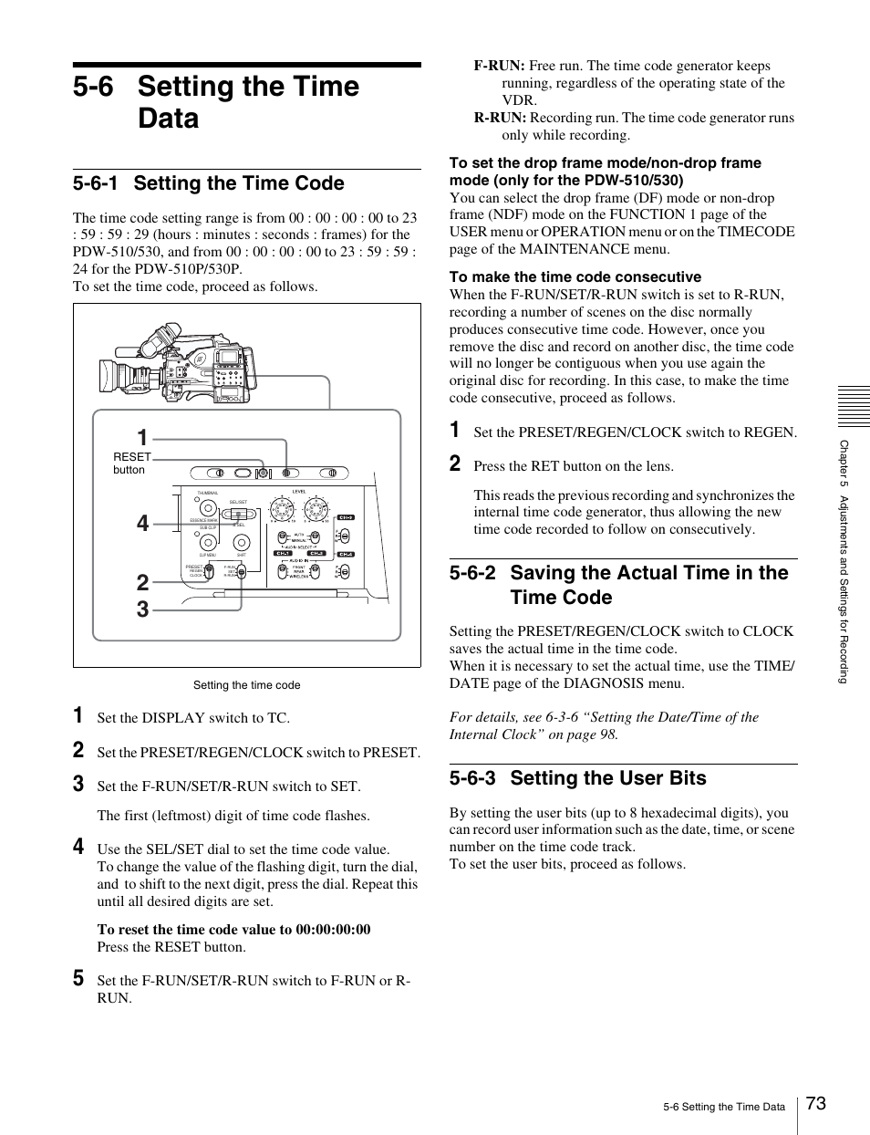 6 setting the time data, 6-1 setting the time code, 6-2 saving the actual time in the time code | 6-3 setting the user bits, Code | Sony Ericsson PDW-530P User Manual | Page 73 / 168