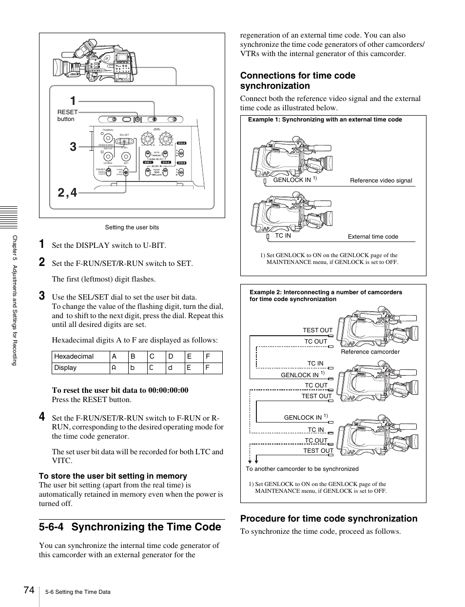 6-4 synchronizing the time code, Connections for time code synchronization, Procedure for time code synchronization | Sony Ericsson PDW-530P User Manual | Page 74 / 168