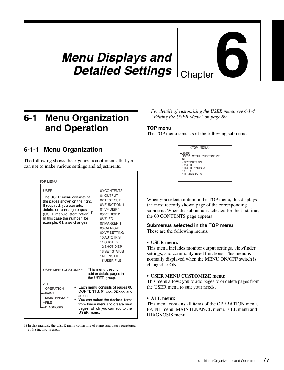 Chapter 6 menu displays and detailed settings, 1 menu organization and operation, 1-1 menu organization | Menu displays and detailed settings, Chapter | Sony Ericsson PDW-530P User Manual | Page 77 / 168