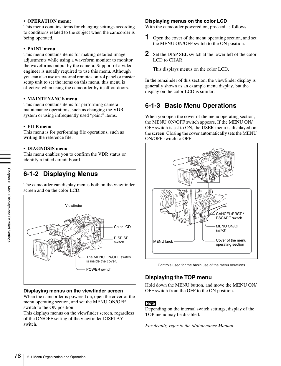 1-2 displaying menus, 1-3 basic menu operations, 1-2 displaying menus 6-1-3 basic menu operations | Displaying the top menu | Sony Ericsson PDW-530P User Manual | Page 78 / 168