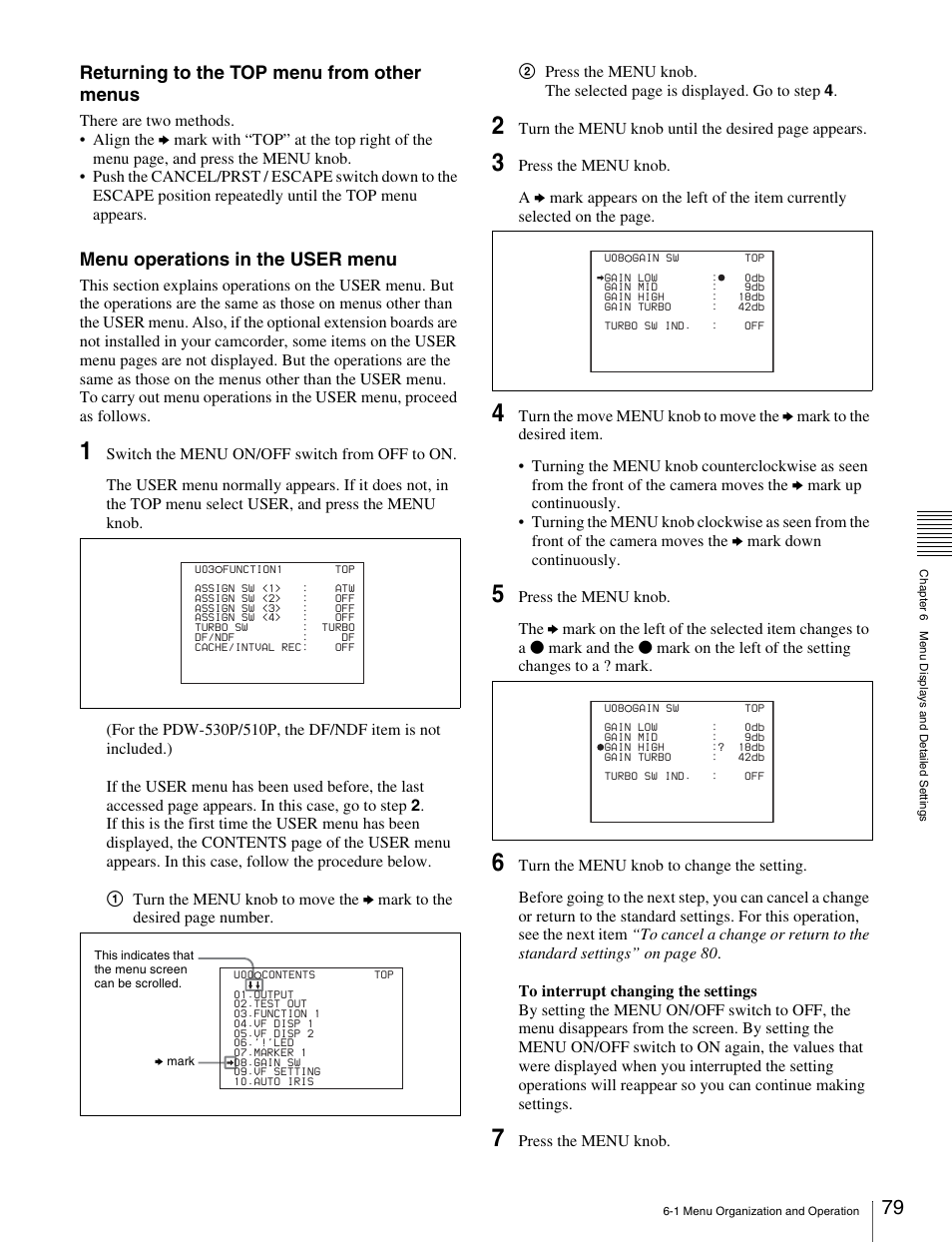 Returning to the top menu from other menus, Menu operations in the user menu | Sony Ericsson PDW-530P User Manual | Page 79 / 168