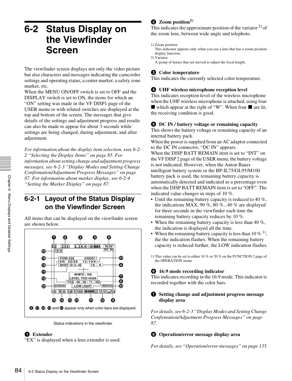 2 status display on the viewfinder screen, 2 status display on the viewfinder, Screen 6-2-1 layout of the status display on the | Viewfinder screen | Sony Ericsson PDW-530P User Manual | Page 84 / 168