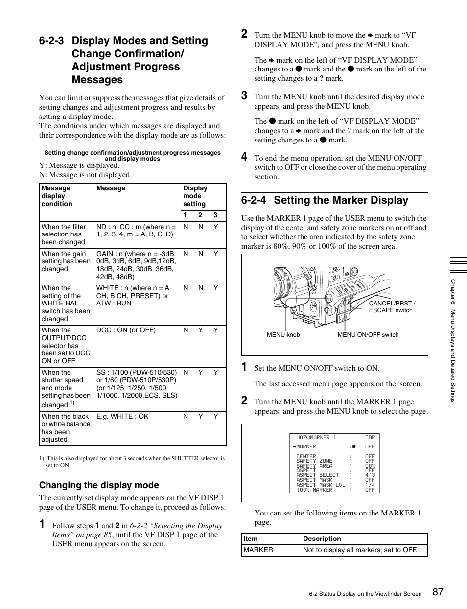 2-4 setting the marker display, 2-3 display modes and setting change, Confirmation/adjustment progress messages | Changing the display mode | Sony Ericsson PDW-530P User Manual | Page 87 / 168