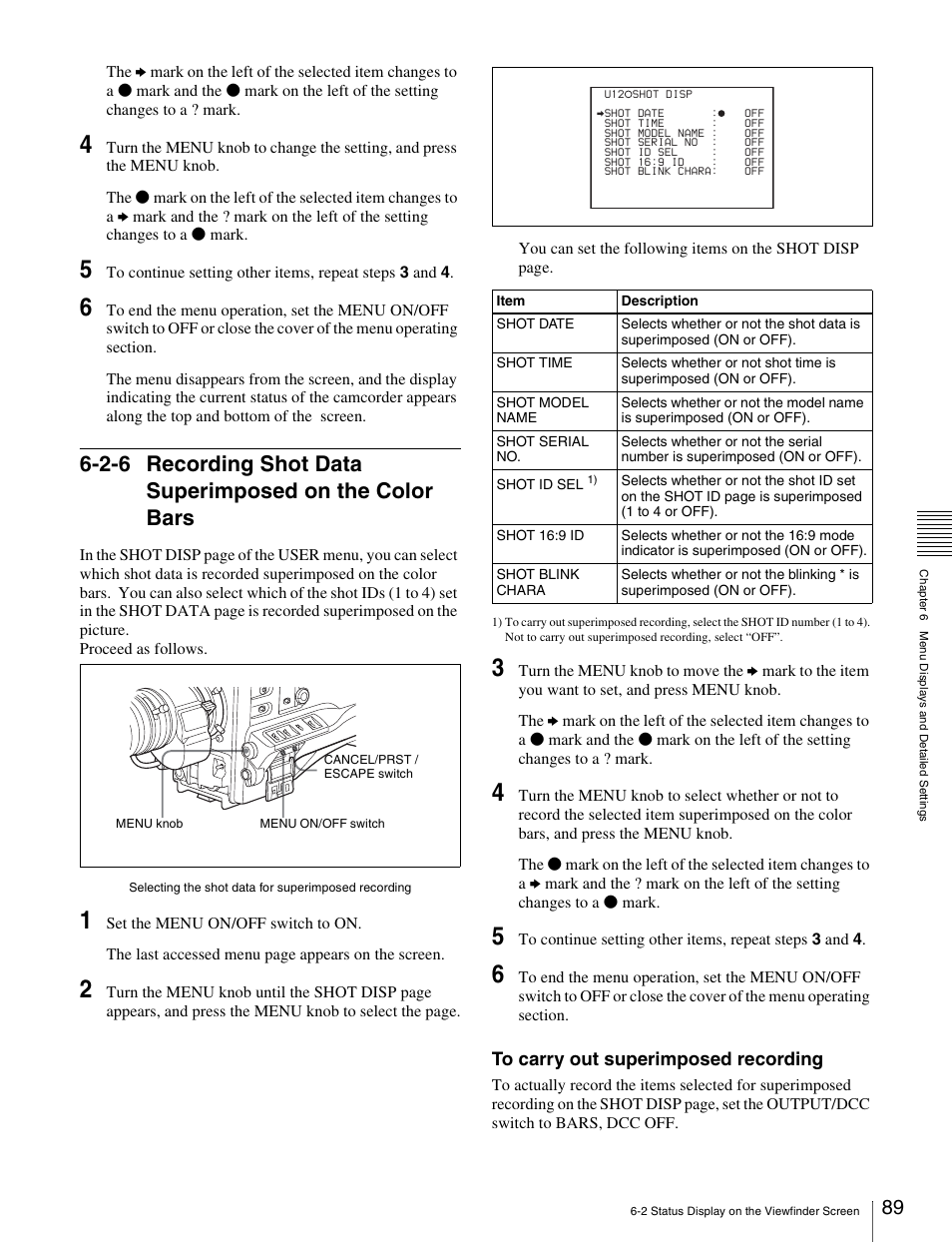 2-6 recording shot data superimposed on, The color bars | Sony Ericsson PDW-530P User Manual | Page 89 / 168