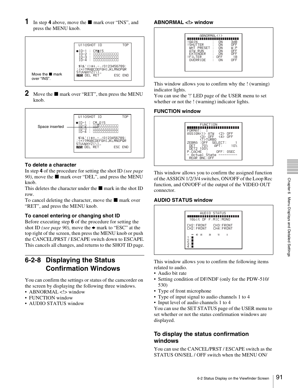 2-8 displaying the status confirmation windows, 2-8 displaying the status confirmation, Windows | Sony Ericsson PDW-530P User Manual | Page 91 / 168