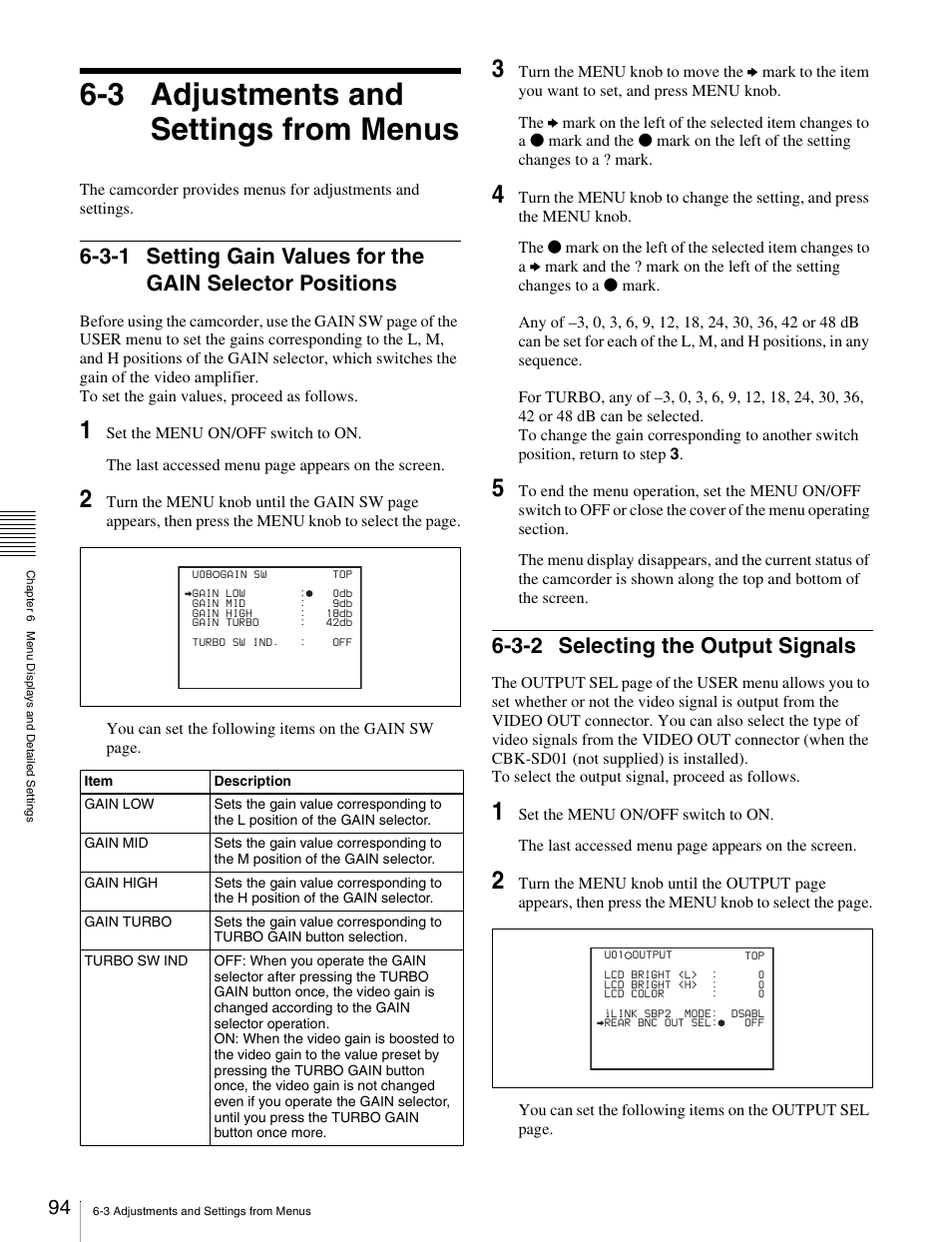 3 adjustments and settings from menus, 3-2 selecting the output signals, 94 6-3-1 setting gain values for the gain | Selector positions | Sony Ericsson PDW-530P User Manual | Page 94 / 168