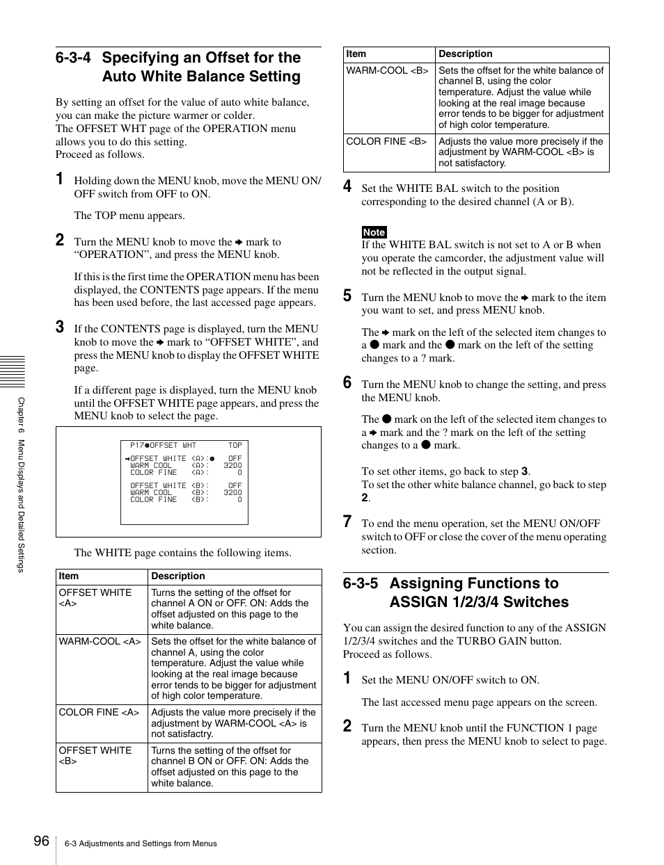 3-5 assigning functions to assign 1/2/3/4 switches, 3-4 specifying an offset for the auto white, Balance setting | 3-5 assigning functions to assign 1/2/3/4, Switches | Sony Ericsson PDW-530P User Manual | Page 96 / 168