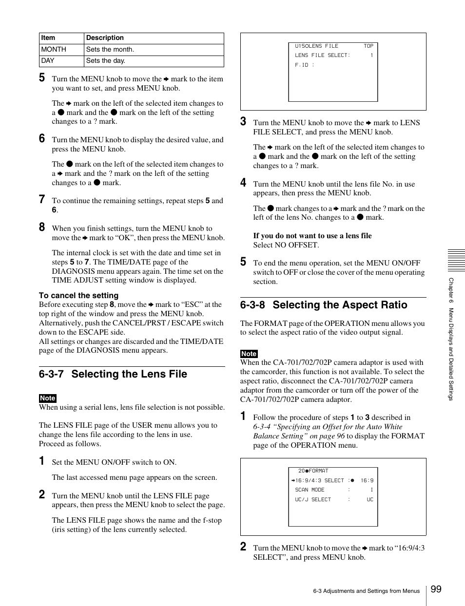 3-7 selecting the lens file, 3-8 selecting the aspect ratio | Sony Ericsson PDW-530P User Manual | Page 99 / 168