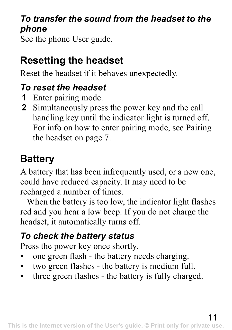 Resetting the headset, Battery | Sony Ericsson Bluetooth HBH-IV840 User Manual | Page 12 / 83