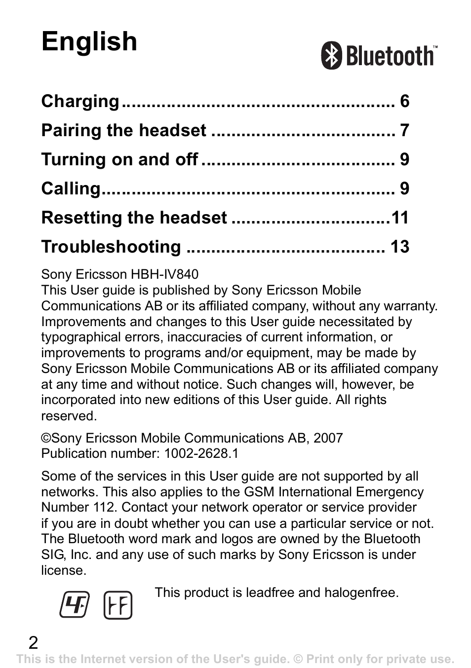 English | Sony Ericsson Bluetooth HBH-IV840 User Manual | Page 3 / 83