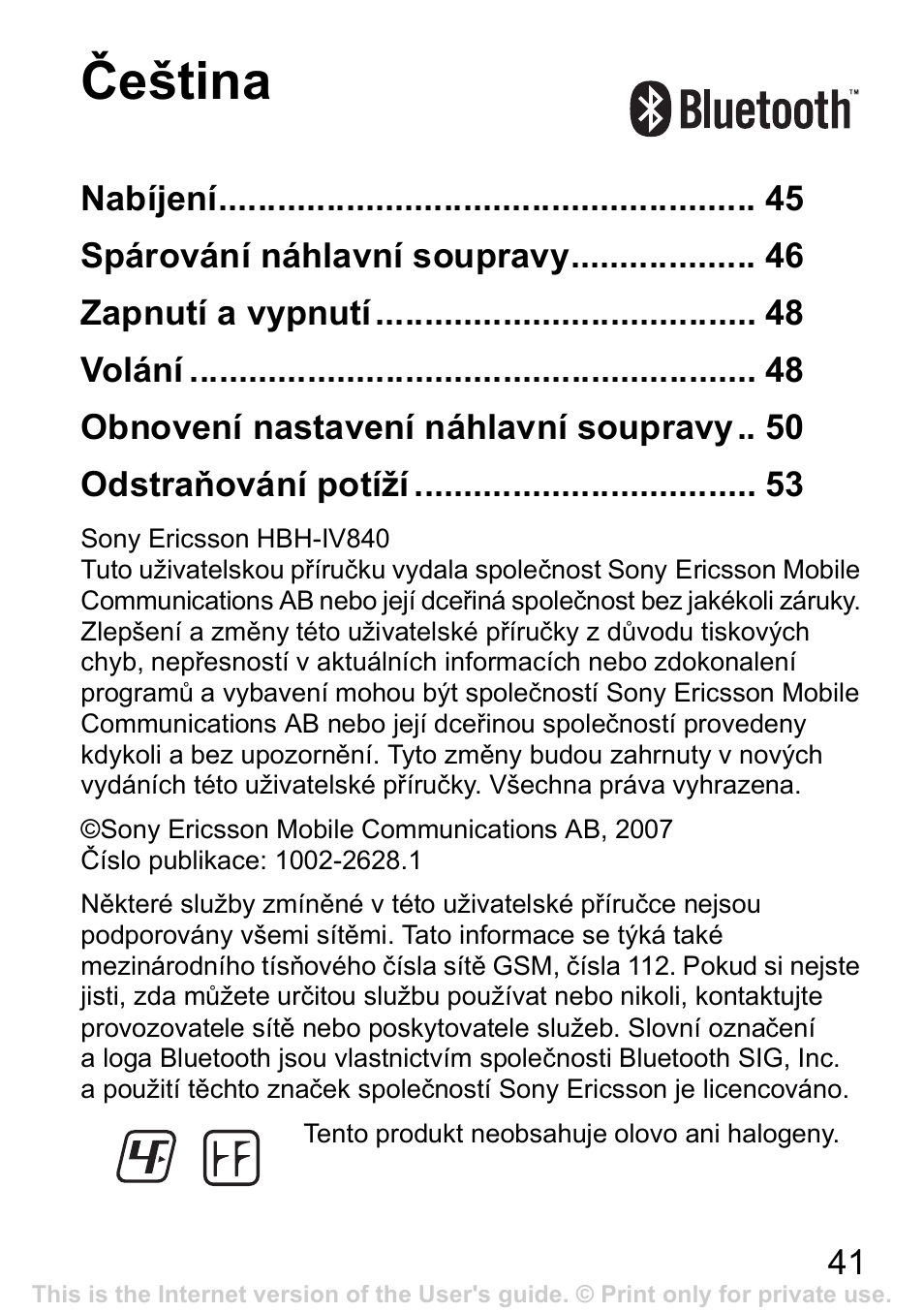 Čeština | Sony Ericsson Bluetooth HBH-IV840 User Manual | Page 42 / 83