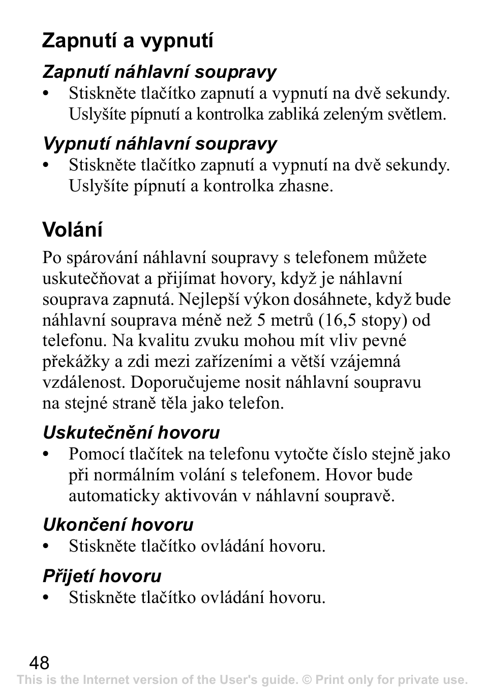 Zapnutí a vypnutí, 48 volání, Volání | Sony Ericsson Bluetooth HBH-IV840 User Manual | Page 49 / 83