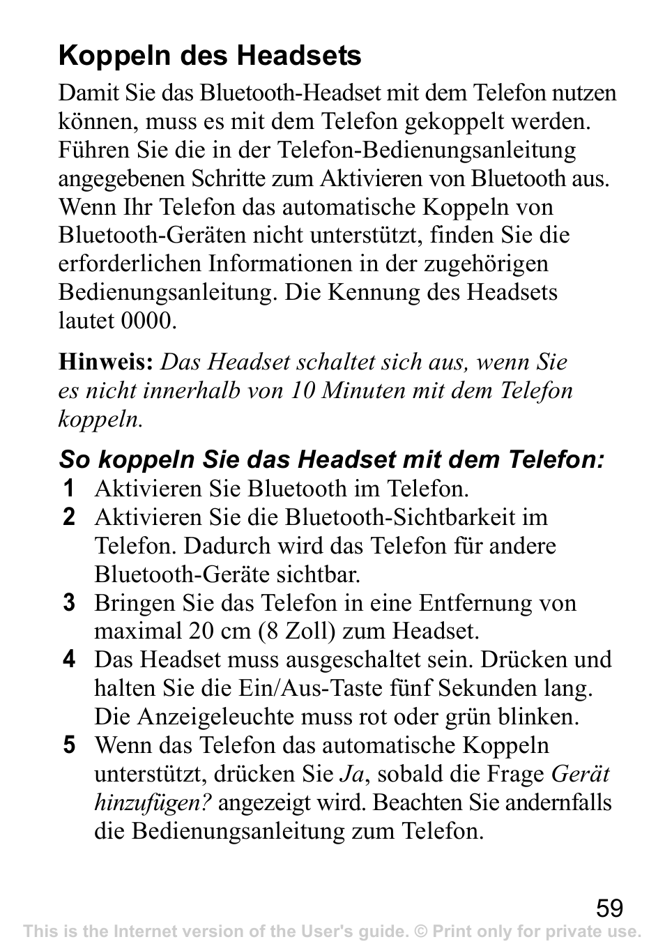 Koppeln des headsets | Sony Ericsson Bluetooth HBH-IV840 User Manual | Page 60 / 83
