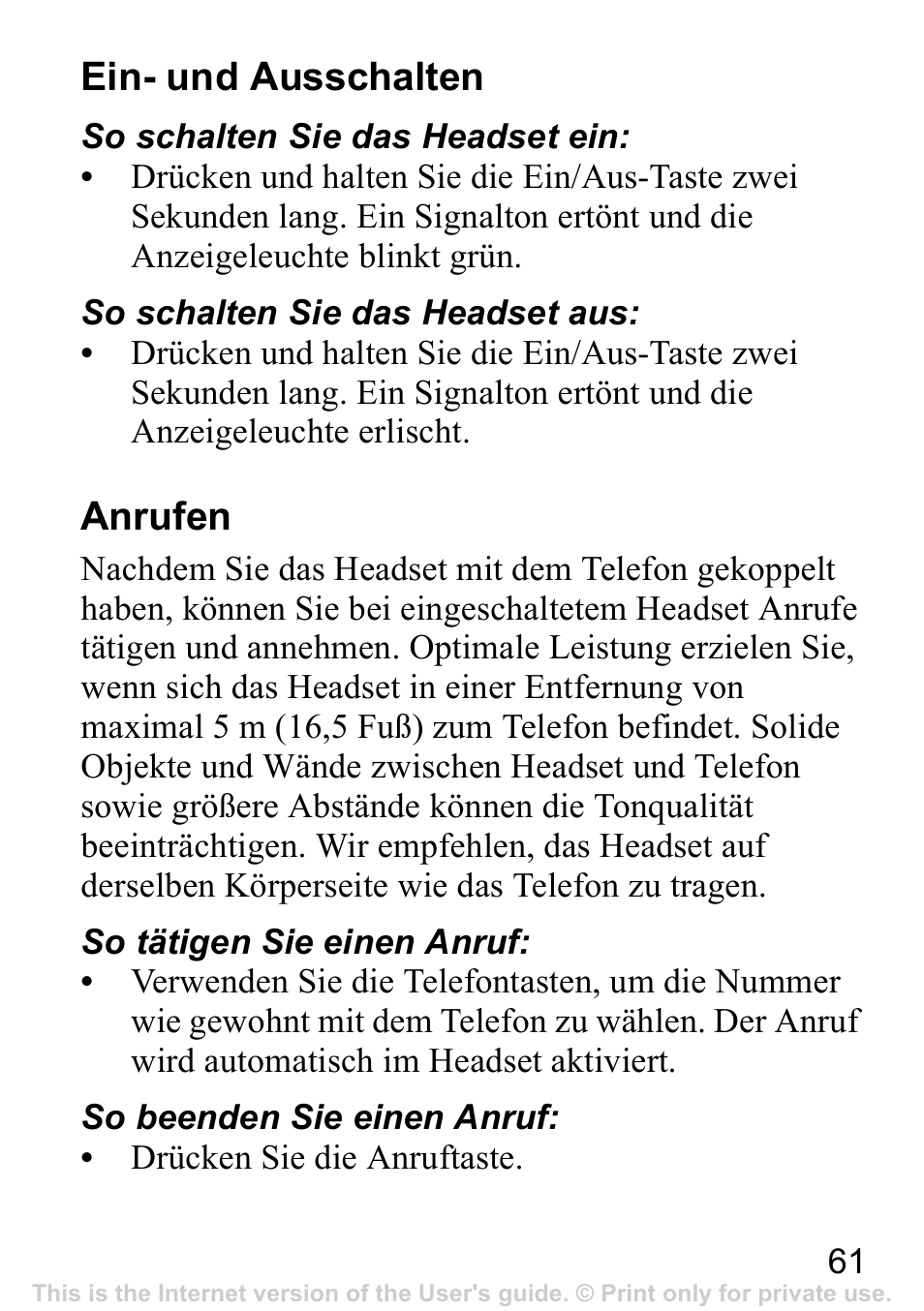 Ein- und ausschalten, 61 anrufen, Anrufen | Sony Ericsson Bluetooth HBH-IV840 User Manual | Page 62 / 83