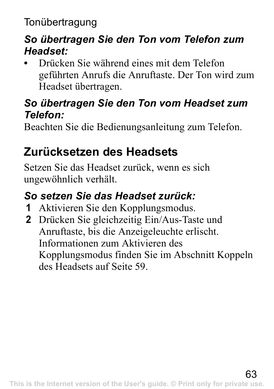 Zurücksetzen des headsets | Sony Ericsson Bluetooth HBH-IV840 User Manual | Page 64 / 83