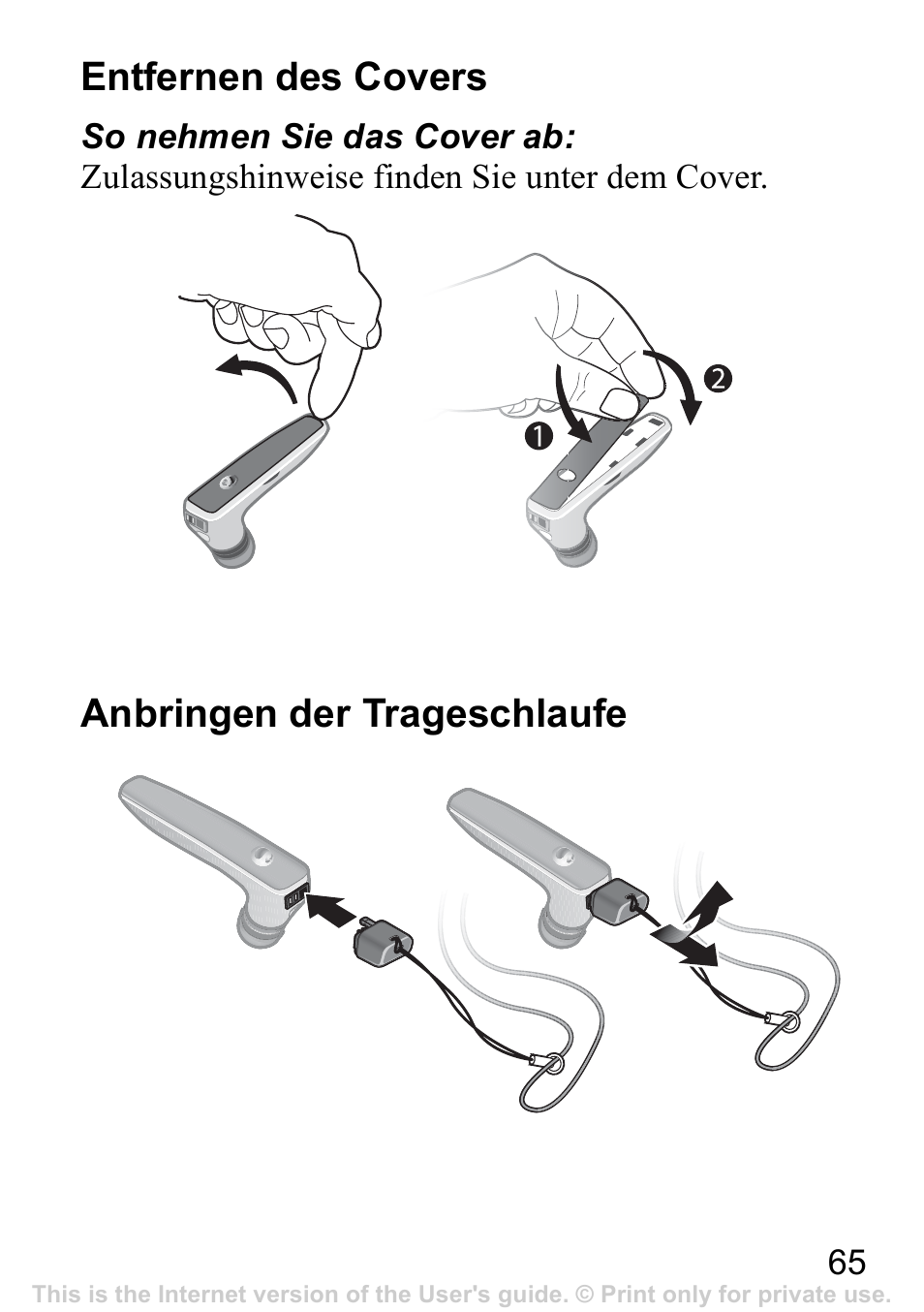 Entfernen des covers, Anbringen der trageschlaufe | Sony Ericsson Bluetooth HBH-IV840 User Manual | Page 66 / 83