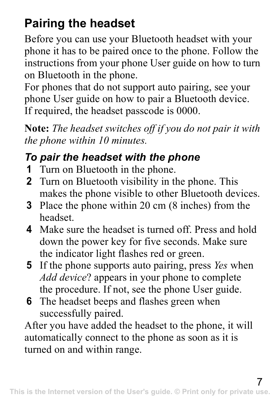 Pairing the headset | Sony Ericsson Bluetooth HBH-IV840 User Manual | Page 8 / 83