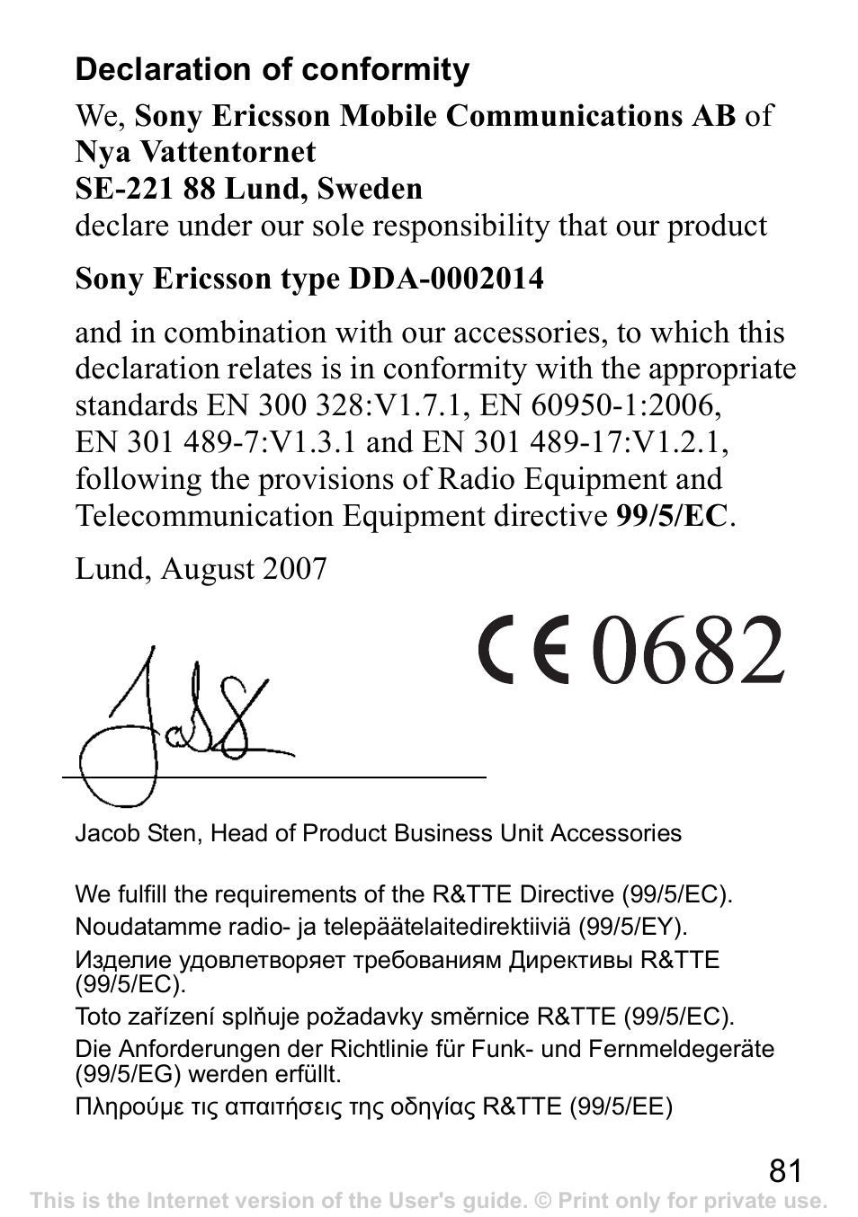 Declaration of conformity | Sony Ericsson Bluetooth HBH-IV840 User Manual | Page 82 / 83