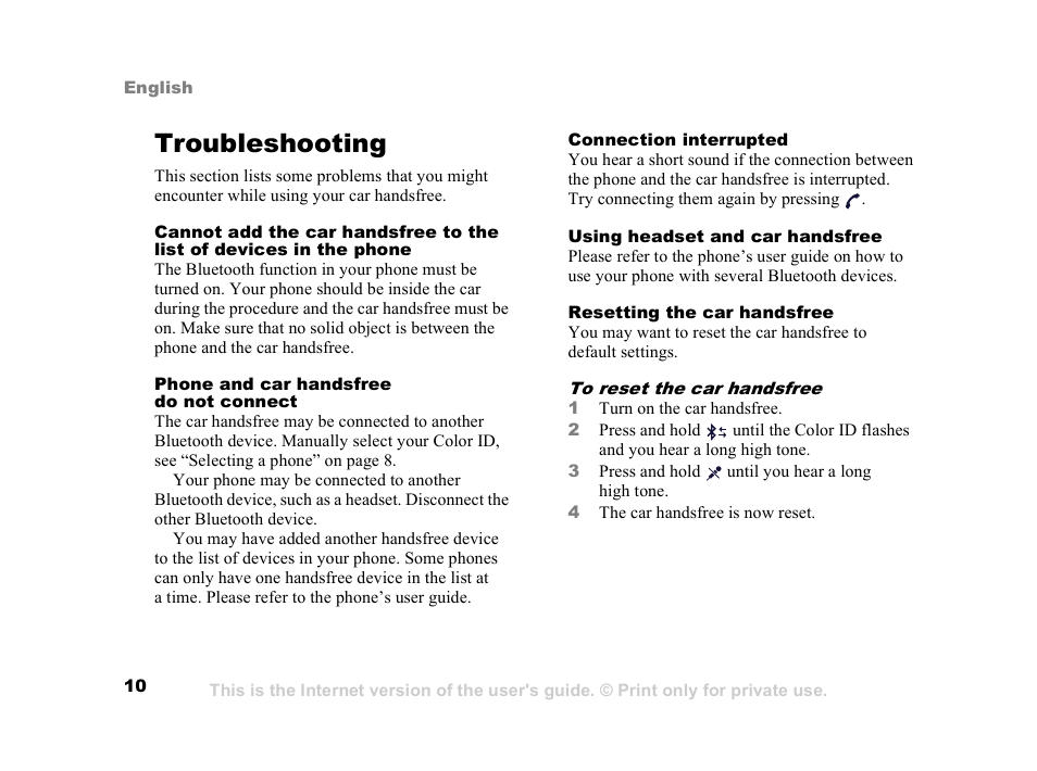 Troubleshooting, Troubleshooting 10 | Sony Ericsson HCB-400 User Manual | Page 11 / 116