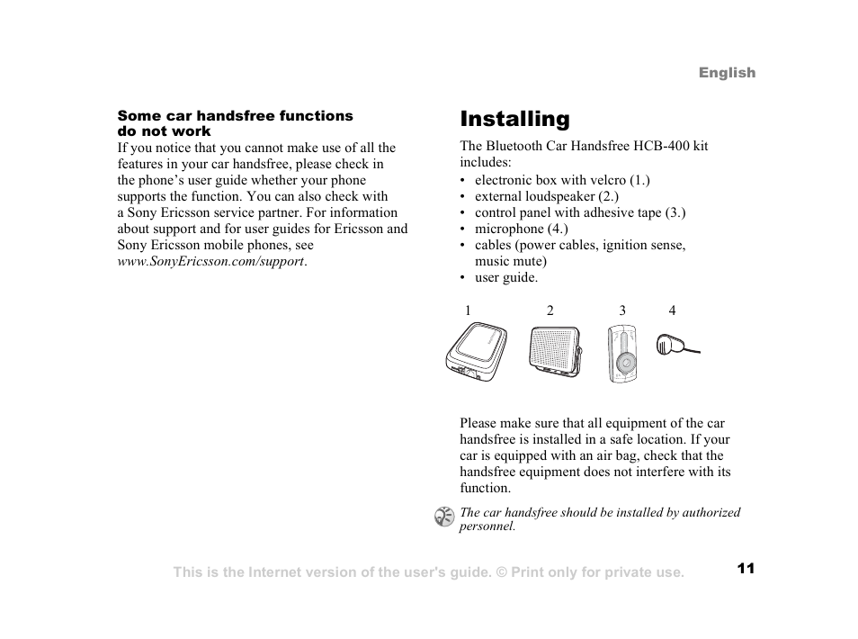 Installing, Installing 11 | Sony Ericsson HCB-400 User Manual | Page 12 / 116