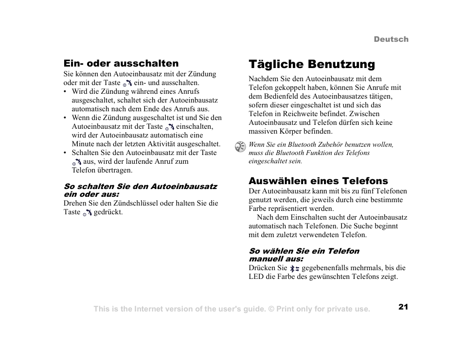Tägliche benutzung, Tägliche benutzung 21 | Sony Ericsson HCB-400 User Manual | Page 22 / 116