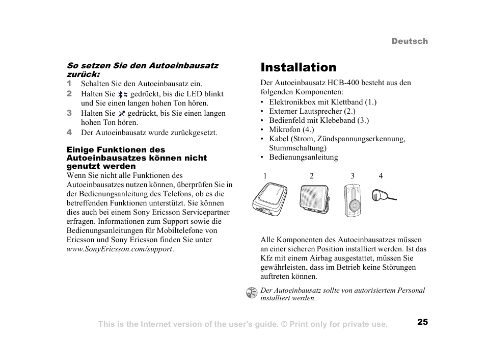 Installation, Installation 25 | Sony Ericsson HCB-400 User Manual | Page 26 / 116