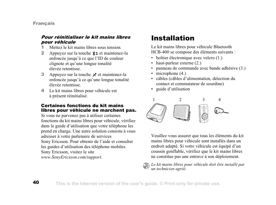 Installation, Installation 40 | Sony Ericsson HCB-400 User Manual | Page 41 / 116