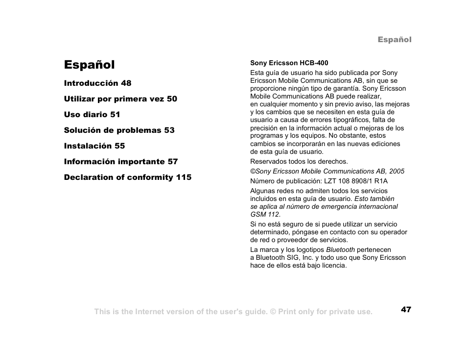 Español | Sony Ericsson HCB-400 User Manual | Page 48 / 116