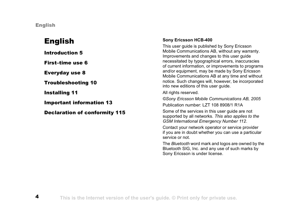 English | Sony Ericsson HCB-400 User Manual | Page 5 / 116