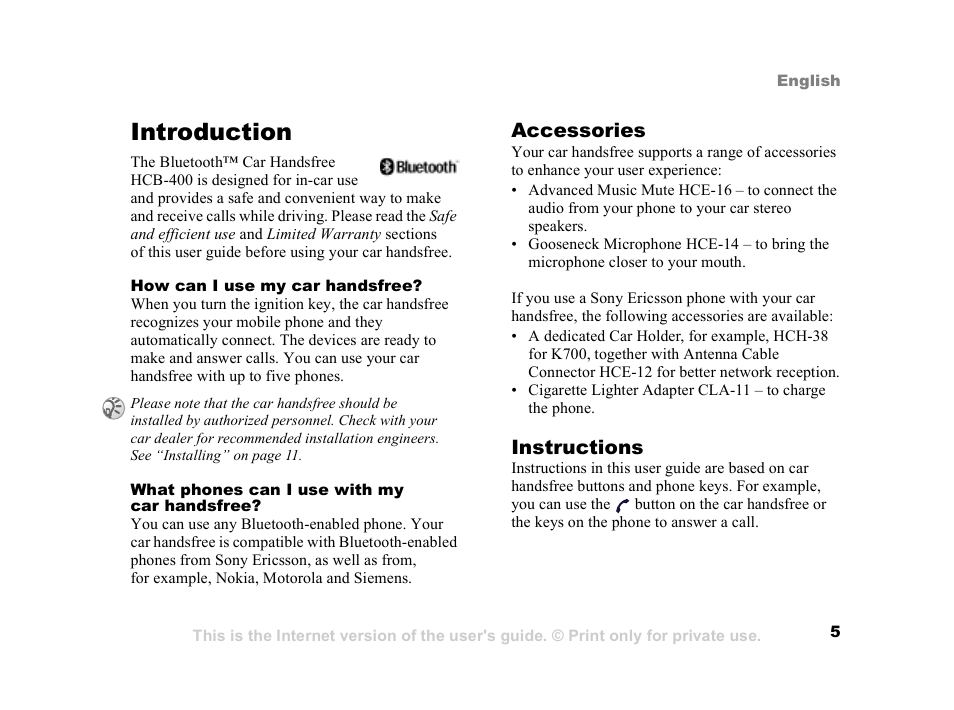 Introduction, Introduction 5 | Sony Ericsson HCB-400 User Manual | Page 6 / 116