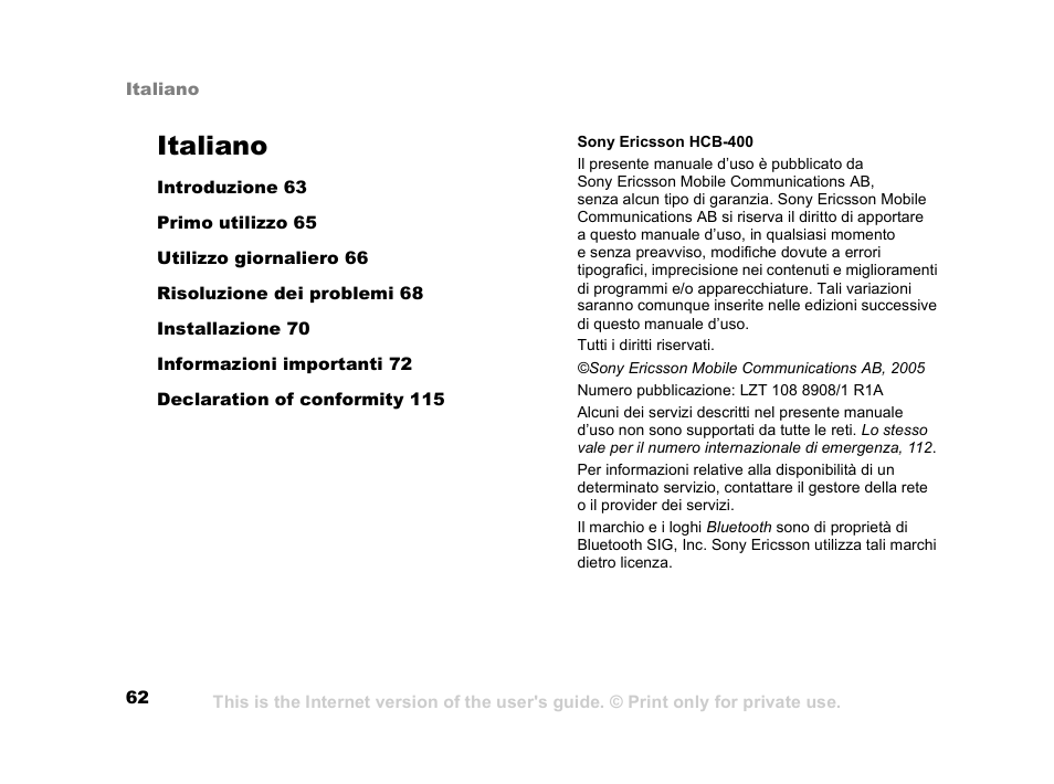 Italiano | Sony Ericsson HCB-400 User Manual | Page 63 / 116