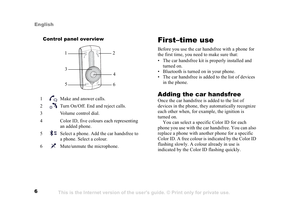 First-time use, First–time use 6, First–time use | Adding the car handsfree | Sony Ericsson HCB-400 User Manual | Page 7 / 116