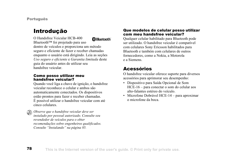 Introdução, Introdução 78 | Sony Ericsson HCB-400 User Manual | Page 79 / 116