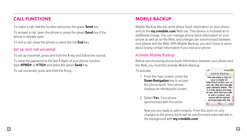 Call functions, Mobile backup | Sony Ericsson Amber TM1515 User Manual | Page 6 / 29