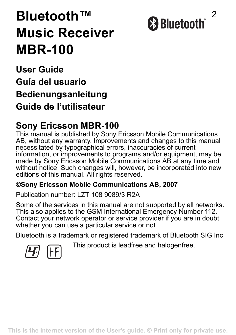 Bluetooth™ music receiver mbr-100 | Sony Ericsson MBR-100 User Manual | Page 2 / 30