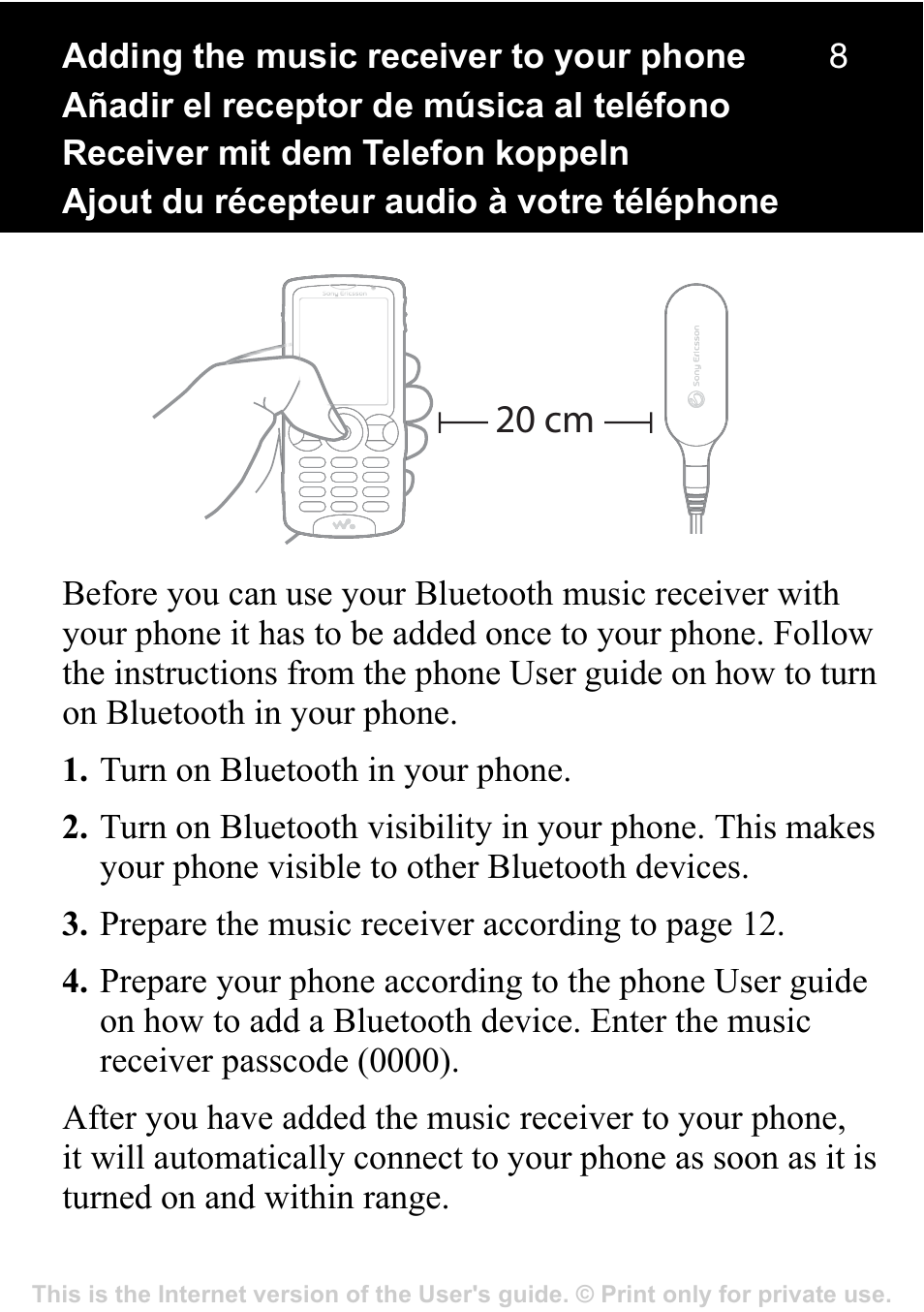 20 cm | Sony Ericsson MBR-100 User Manual | Page 8 / 30
