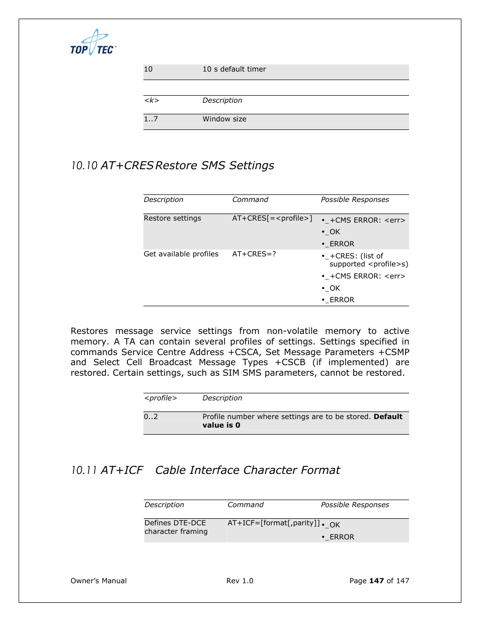 10 at+cres restore sms settings, 11 at+icf cable interface character format | Sony Ericsson TT4031 (SE-GM29) User Manual | Page 147 / 280