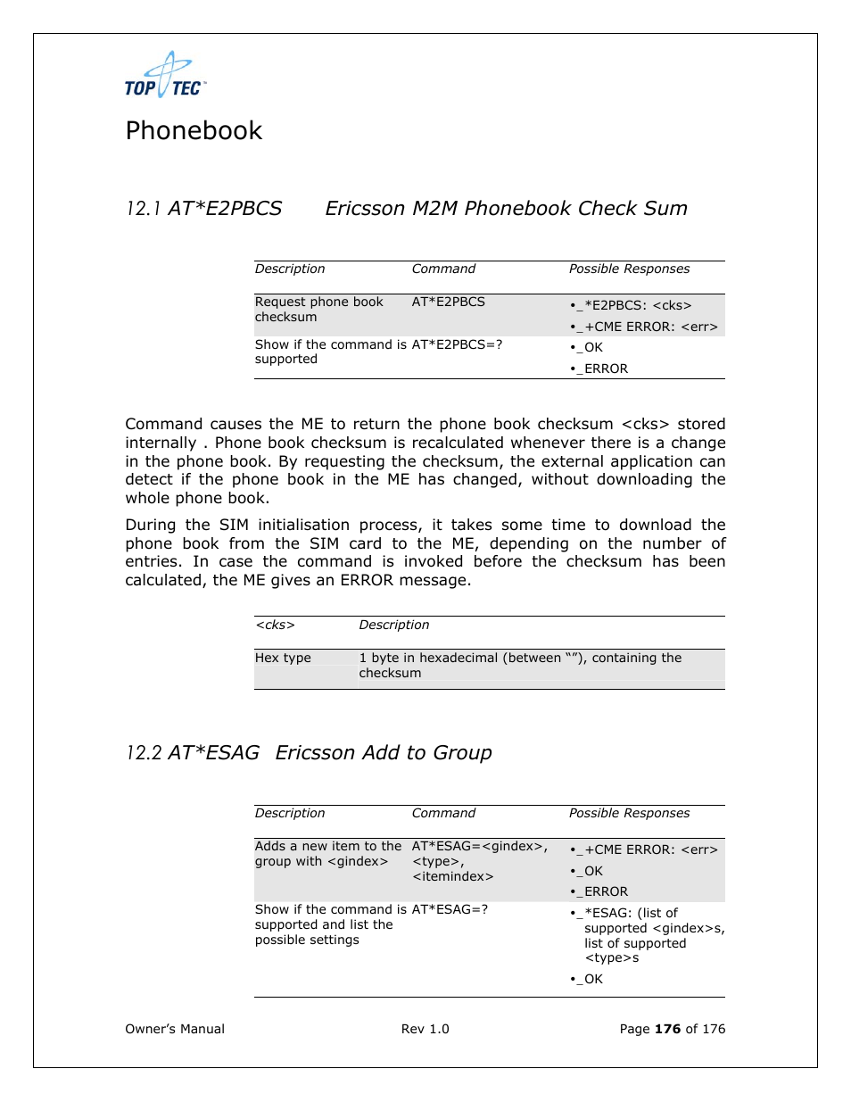 Phonebook, 1 at*e2pbcs ericsson m2m phonebook check sum, 2 at*esag ericsson add to group | Sony Ericsson TT4031 (SE-GM29) User Manual | Page 176 / 280