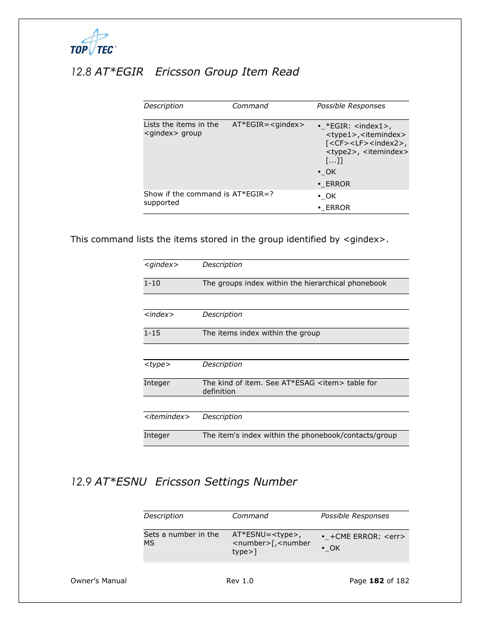 8 at*egir ericsson group item read, 9 at*esnu ericsson settings number | Sony Ericsson TT4031 (SE-GM29) User Manual | Page 182 / 280