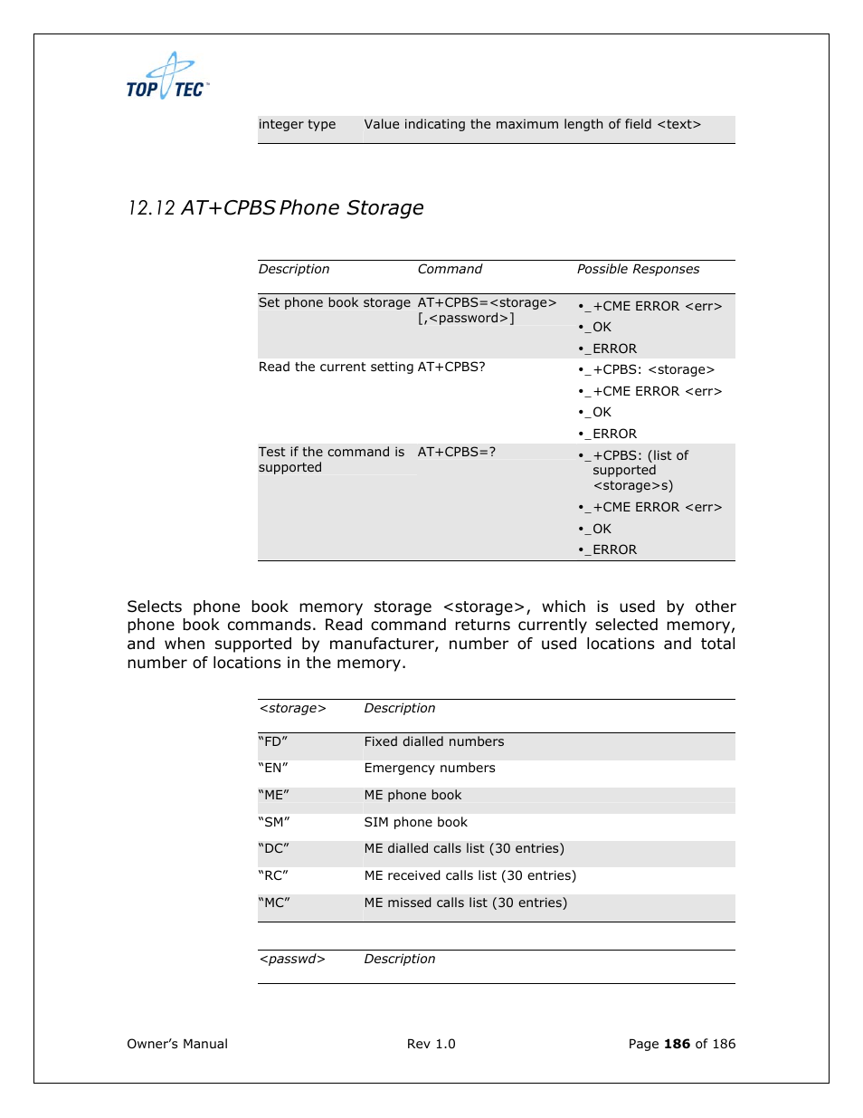 12 at+cpbs phone storage | Sony Ericsson TT4031 (SE-GM29) User Manual | Page 186 / 280