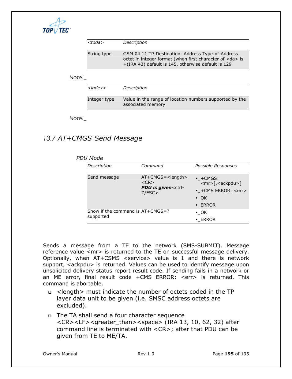 7 at+cmgs send message | Sony Ericsson TT4031 (SE-GM29) User Manual | Page 195 / 280